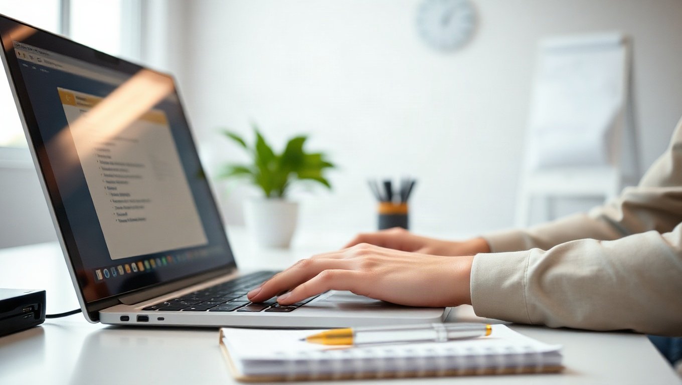 Close-up of hands typing on a laptop with a notebook and pen, representing a streamlined workflow in an office setting.