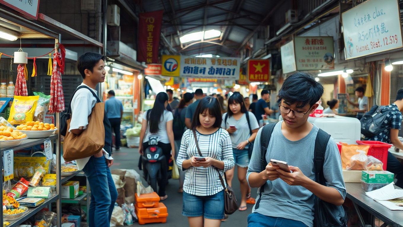 Illustration: A realistic street scene in Southeast Asia with a bustling market and young adults using mobile phones near small local businesses.
